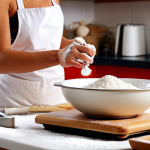**

A baker meticulously measuring ingredients using a digital scale in a brightly lit kitchen. Flour is being sifted in the background, and various baking tools are visible. Emphasis on precision and cleanliness.

**