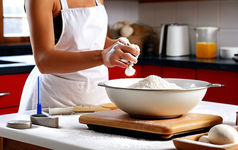 **

A baker meticulously measuring ingredients using a digital scale in a brightly lit kitchen. Flour is being sifted in the background, and various baking tools are visible. Emphasis on precision and cleanliness.

**