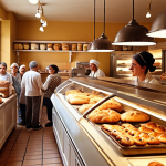 **A bustling bakery scene:** "A warm, inviting bakery interior filled with diverse pastries, cakes, and breads. Customers line up at the counter, with bakers visible in the background, flour dusting the air. Golden hour lighting."
