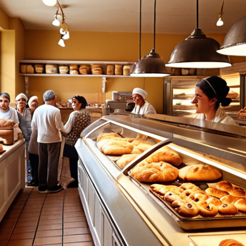 Home 25 **A bustling bakery scene:** "A warm, inviting bakery interior filled with diverse pastries, cakes, and breads. Customers line up at the counter, with bakers visible in the background, flour dusting the air. Golden hour lighting."