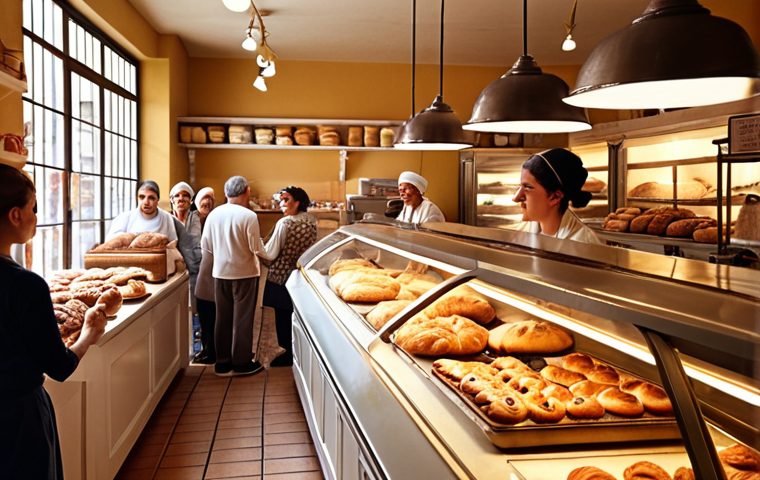 **A bustling bakery scene:** "A warm, inviting bakery interior filled with diverse pastries, cakes, and breads. Customers line up at the counter, with bakers visible in the background, flour dusting the air. Golden hour lighting."