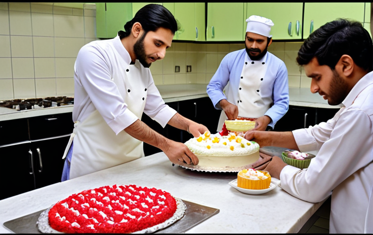 **A baking diploma class in Pakistan:** Students learning to decorate cakes with frosting.