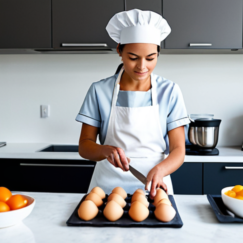 A professional female pastry chef in a clean, modest chef's uniform with an apron, standing in a pristine, well-lit modern professional kitchen. She is carefully organizing a selection of fresh, high-quality baking ingredients (flour, eggs, milk, fruits) on a spotless stainless steel counter, with various neatly arranged baking tools (measuring cups, spatulas, bowls) around her. The scene emphasizes planning and meticulous preparation. Safe for work, appropriate content, fully clothed, professional dress, perfect anatomy, correct proportions, natural pose, well-formed hands, proper finger count, natural body proportions.