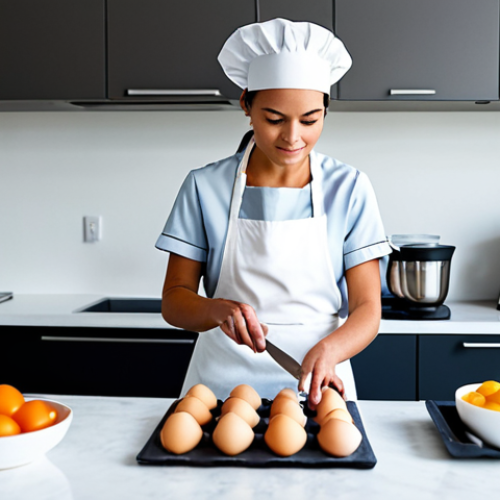 Home 23 A professional female pastry chef in a clean, modest chef's uniform with an apron, standing in a pristine, well-lit modern professional kitchen. She is carefully organizing a selection of fresh, high-quality baking ingredients (flour, eggs, milk, fruits) on a spotless stainless steel counter, with various neatly arranged baking tools (measuring cups, spatulas, bowls) around her. The scene emphasizes planning and meticulous preparation. Safe for work, appropriate content, fully clothed, professional dress, perfect anatomy, correct proportions, natural pose, well-formed hands, proper finger count, natural body proportions.