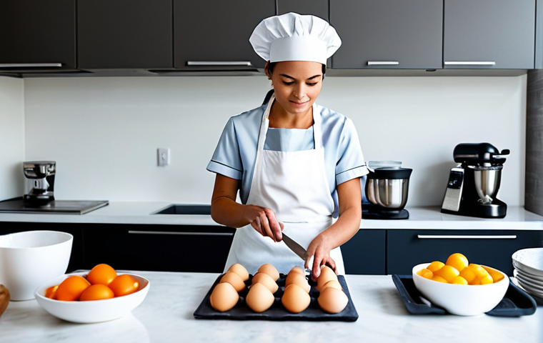 A professional female pastry chef in a clean, modest chef's uniform with an apron, standing in a pristine, well-lit modern professional kitchen. She is carefully organizing a selection of fresh, high-quality baking ingredients (flour, eggs, milk, fruits) on a spotless stainless steel counter, with various neatly arranged baking tools (measuring cups, spatulas, bowls) around her. The scene emphasizes planning and meticulous preparation. Safe for work, appropriate content, fully clothed, professional dress, perfect anatomy, correct proportions, natural pose, well-formed hands, proper finger count, natural body proportions.