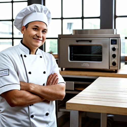 Home 22 A professional baker in a pristine chef's uniform, standing confidently in a modern bakery kitchen. The scene showcases a smart oven with a digital interface and a gleaming automated mixer. Freshly baked artisan bread and pastries are neatly arranged on a rustic wooden counter, contrasting with the stainless steel equipment. Natural lighting streams in from a large window. Perfect anatomy, correct proportions, natural pose, well-formed hands, proper finger count, natural body proportions, professional photography, high quality, safe for work, appropriate content, fully clothed, professional, family-friendly.
