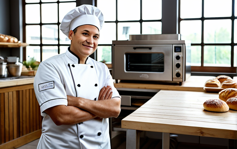 A professional baker in a pristine chef's uniform, standing confidently in a modern bakery kitchen. The scene showcases a smart oven with a digital interface and a gleaming automated mixer. Freshly baked artisan bread and pastries are neatly arranged on a rustic wooden counter, contrasting with the stainless steel equipment. Natural lighting streams in from a large window. Perfect anatomy, correct proportions, natural pose, well-formed hands, proper finger count, natural body proportions, professional photography, high quality, safe for work, appropriate content, fully clothed, professional, family-friendly.