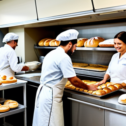 Home 9 **
"A bustling bakery scene, several bakers working collaboratively in a clean and organized kitchen, preparing various breads and pastries, fully clothed, appropriate attire, safe for work, perfect anatomy, natural proportions, professional photography, bright and inviting atmosphere, shelves lined with freshly baked goods, happy and productive environment, family-friendly."
**