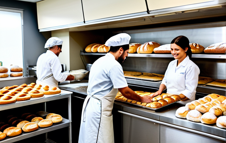 **
"A bustling bakery scene, several bakers working collaboratively in a clean and organized kitchen, preparing various breads and pastries, fully clothed, appropriate attire, safe for work, perfect anatomy, natural proportions, professional photography, bright and inviting atmosphere, shelves lined with freshly baked goods, happy and productive environment, family-friendly."
**